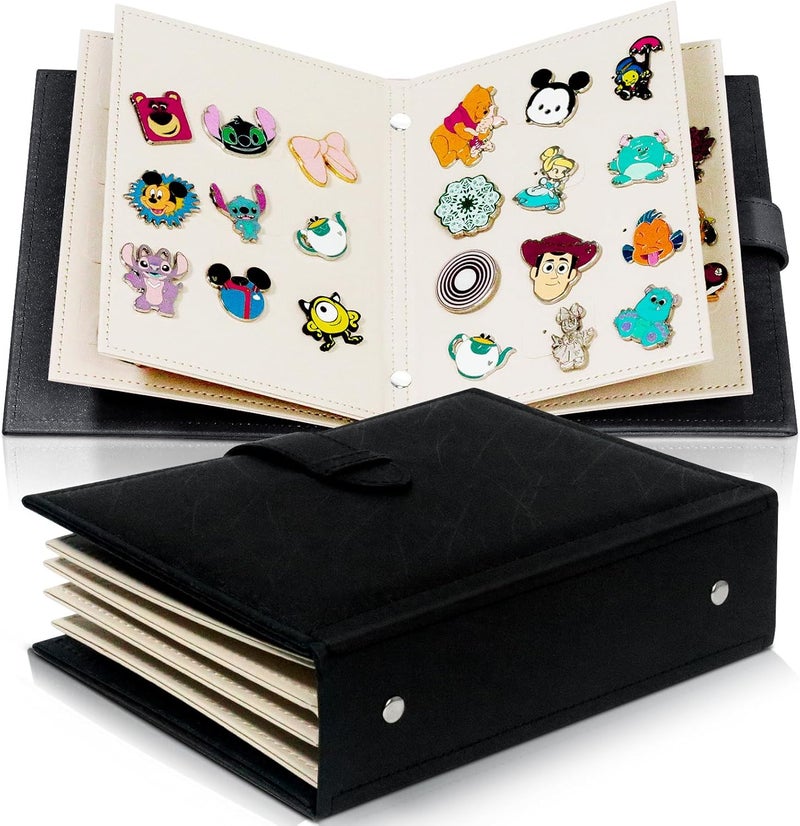 CollectHall Portable Enamel Pin Album, Pin Trading Book, to Display and Trade Your Disney Pins, 42 Pins Capacity, PU Leather Pin Holder, Fit Rubber Pin Back, Black, CHMTC11-H - Image 1